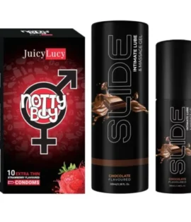 NottyBoy SLIDE Water Based Personal Lubricant and Intimate Massage Gel 100ml Chocolate Flavored Strawberry Flavored Condom Pack of 1x10pcs