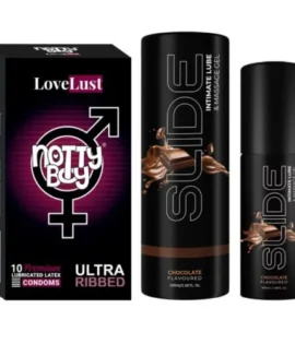 NottyBoy SLIDE Water Based Personal Lubricant and Intimate Massage Gel 100ml Chocolate Flavored Ultra Ribbed Condom Pack of 1x10pcs