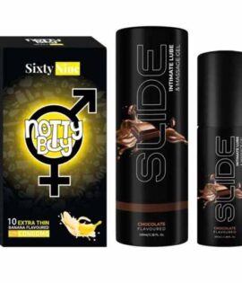 NottyBoy SLIDE Water Based Personal Lubricant and Intimate Massage Gel 100ml Chocolate Flavored & Thin Banana Flavor Condom Pack of 1X10pcs