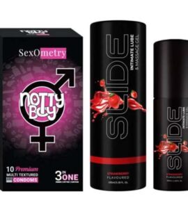 NottyBoy SLIDE Strawberry Flavored Water Based Personal Lubricant and Intimate Massage Gel 100 ml 3INOne Condom Pack of 1X10pcs