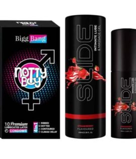 NottyBoy SLIDE Strawberry Flavored Water Based Personal Lubricant and Intimate Massage Gel 100 ml 4IN1 Condom Pack of 1X10pcs