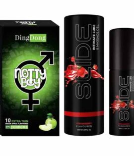 NottyBoy SLIDE Strawberry Flavored Water Based Personal Lubricant and Intimate Massage Gel 100 ml Green Apple Flavor Condom Pack of 1 X 10pcs