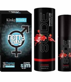 NottyBoy SLIDE Strawberry Flavored Water Based Personal Lubricant and Intimate Massage Gel 100 ml Ultra Thin Condom Pack of 1X10pcs