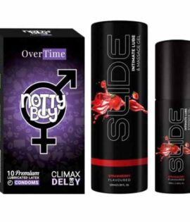 NottyBoy SLIDE Strawberry Flavoured Water Based Personal Lubricant and Intimate Massage Gel 100 ml Climax Delay Condom Pack of 1X10pcs